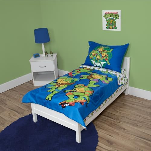 TEENAGE MUTANT NINJA Turtles 4-teiliges Bettwäsche-Set für Kleinkinder, inkl. Bettdecke, Bettlaken, Spannbetttuch + Bettlaken und wendbarem Kissenbezug für Jungenbett, Blau