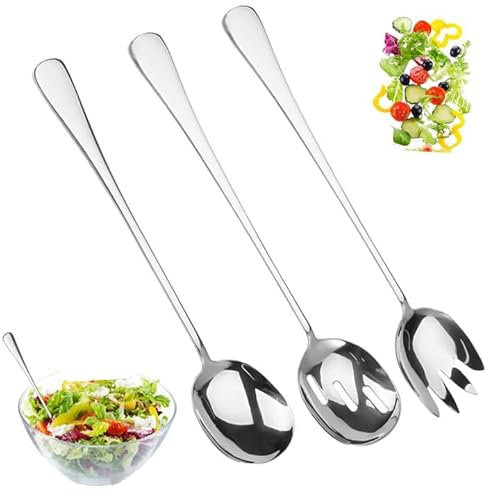 3 Piezas Cubiertos para Ensalada Acero Inoxidable, 28cm Cuchara para Servir con Asas Largas, Cuchara de Ensalada Grande, Cuchara y Tenedore para Ensalada, para Cocina, Hoteles, Utilizado en Cafeterías