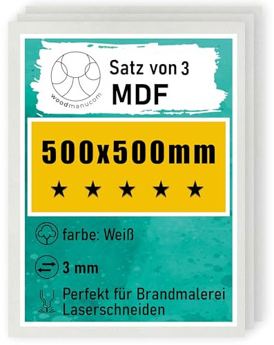 woodmanucom MDF Platten | 500 x 500 x 3 mm | Bastelplatte Dünne Holz-Platten | Perfekt für Laser, CNC Router, Laubsäge, Modellierung (3 Stück weiße)