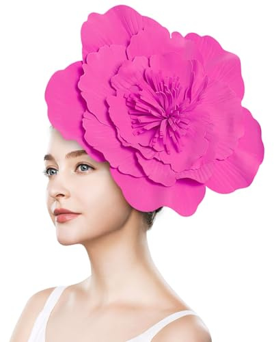 Fascinator mit Blume, große Blumenhüte für Damen, Blumen-Fascinator Schwarz für Damen, großes Blumen-Stirnband, Kostüm, Kopfbedeckung, Stirnband, große Blumen-Haarbänder (Rosarot)