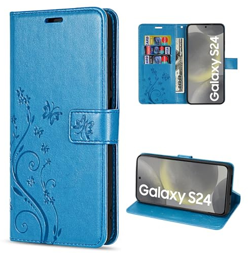 Hülle Kompatibel mit Samsung Galaxy S24 | Premium PU Leder Handyhülle Wallet Case für Galaxy S24 | Schutzhülle Blumen Klapphülle Handyhülle | Blau