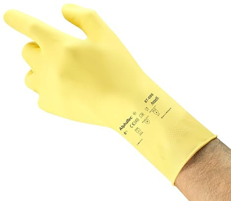 Ansell AlphaTec 87-086 Guantes Latex Impermeables, Guantes Trabajo Multiuso, Limpieza, Cocina, Químicos, Mecanico, Seguridad Hogar, Guantes Hombre Mujer, Reutilizable, Amarillo, Talla M (12 Pares)