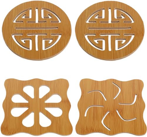 4 Dessous de Plat en Bambou, Tapis de Plat Bois Antidérapant et Isolé a Chaleur, Utilisé pour Placer Bols Assiette des Casseroles Tasses Théières en Les Tables Manger et Cuisine