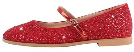 Ankle Strap Ballet Flats Ballerinas Flat Shoes Crystals Flat Pumps with Low Block Heels for Women Studded Sequins Heeled Pumps Buckle Up Flats Slide Slippers Sandals Red Size 12
