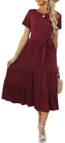 Yageshark Sommerkleid Damen Kurzarm Knielang Freizeitkleid Rundhals Shirtkleider Gestuftes Rüschen A-Linie Midikleider