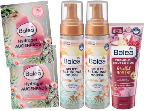 Balea 5er-Set Hauptpflege: kühlende Augenpads HYDROGEL 2-farbig Rosa (2 x 2 St) + Selbstbräunungsmousse SUMMER SUNSET für natürliche Bräune (2 x 200 ml) + Bodylotion MINDFUL MOMENT (200 ml), 600 ml
