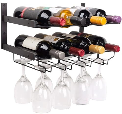 Cyiecw Portabottiglie in metallo moderno a 2 livelli, da parete, con porta bicchieri da vino, per cucina, sala da pranzo, ristorante, bar, 26,5 x 45 cm, contiene 8 bicchieri da vino e 8 bottiglie di