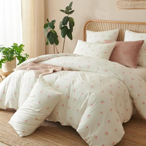 Lanqinglv Bettwäsche 220x240 Rosa Weiß Tulpen Blumenmuster Wende Bettwäsche Set Bettbezug mit Reißverschluss und 2 Kissenbezug 80x80 cm,ÖkoTex Zertifiziert & für Allergiker Geeignet