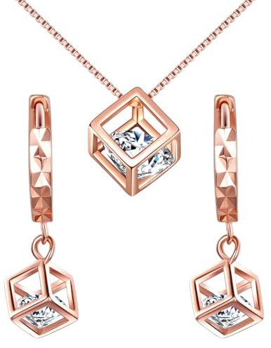 MICMIF Parure de bijoux zircon en argent 925 pour femme, Collier pendentif cube et boucles d'oreilles dangle, plaqué or rose, Élégantes soirée bijoux pour petite amie maman fille