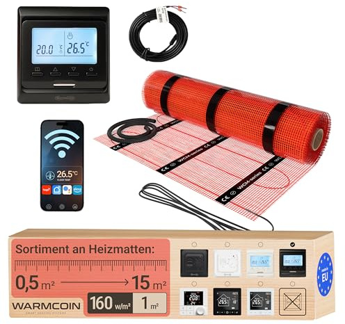 Elektrische Fußbodenheizung Heizmatten-Set mit WLAN-Thermostat 1 m² | Digitales Raumthermostat per App, LCD; Elektro-Flächenheizung 160 W/m², selbstklebend, Bodenfühler; für Fliesen
