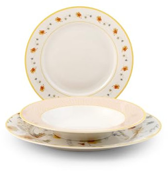 H&H, servizio tavola 18 pezzi Amelie, set tavola completo, mise en place romantica ed elegante, in new bone china, forma ala, lavabile in lavastoviglie