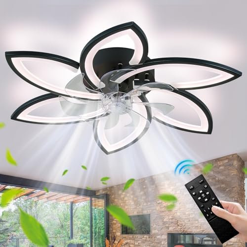 Cainjiazh Modern Ceiling Fan with Dimmable Flower Shape Lights and Remote Control - 74cm Black, 6 Speeds, 3 Light Colors for Kitchen Bedroom