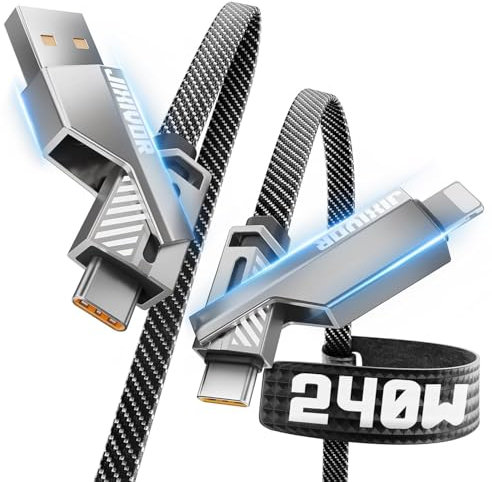 240 W 4 en 1 USB C compatible con cable de iluminación, cable de carga múltiple para iPhone de 1,5 m [sincronización de 480 Mbps], cable de carga rápida de nailon plano con Apple compatible con