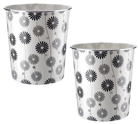 MantraRaj Plastic Waste Paper Basket Bin Pack Of 2 Round Waste Basket Trash Can Lightweight Recycling Rubbish Bin for Home Office Kitchen Bedroom, Garbage Container Dustbin 7.7Litre (Black Flower)