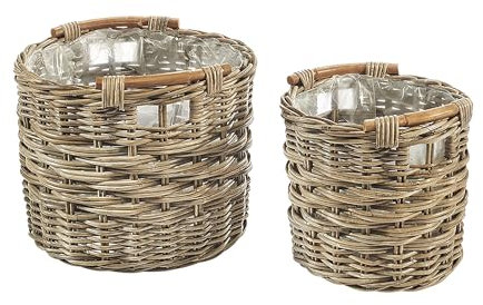 Kobolo 2er Set Pflanzkorb Rattan rund, Kubu Grey, Größe 1 mit 34x34x32cm, Größe 2 mit 43x43x35cm, Ø jeweils 43 cm, mit Plastikfolie, Pflanzkorb & Übertopf für Pflanzen, Kräuter, Indoor & Outdoor