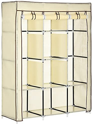 HOMCOM Fabric Wardrobe, Portable Wardrobe, Clothes Storage Unit with 8 Shelves, 2 Hanging Rods, 125 x 43 x 162.5 cm, Cream White