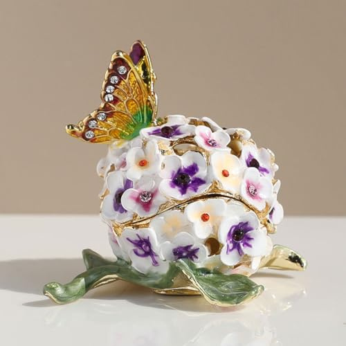 SUSUZUKU Decorative Floral Jewelry Box with Butterfly, Enamel Hydrangea Design, Purple and White Flowers, Trinket Storage