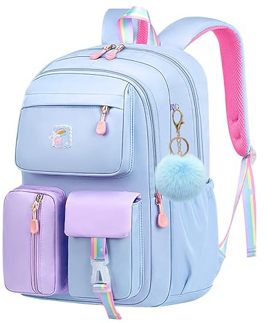 Wood Homing Blue School Bag for Girls with Large Capacity Waterproof Cute Backpack with Laptop Compartment for Teen Kids Kindergarten Daily Multi-Compartment School Backpack with Hairball Pendant