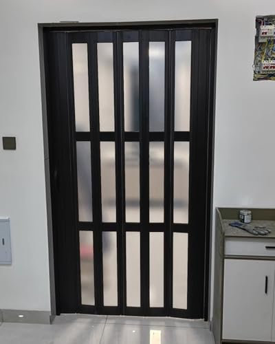 Puerta Plegable Puerta de Armario Plegable de PVC Negro, Puerta Interior Retráctil con Vidrio Acrílico Esmerilado, Puerta de Baño Tipo Acordeón con Mosquitera, Puerta Corrediza Plegable(60x78in (152.5