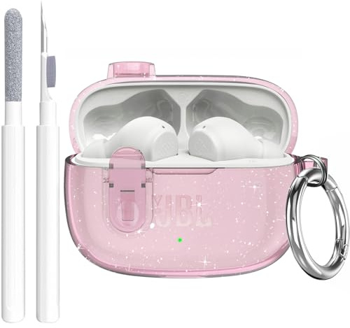 Compatible with JBL Vibe 200TWS/JBL Vibe Beam/Beam 2 Case Cover Clear Lock Clip with Cleaner Kit, Transparent TPU Protective Cover Men Women with Carabiner for JBL Vibe Beam 2 Charging Case