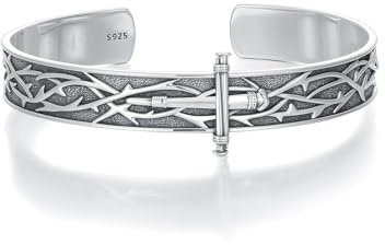 PDTJMTG Nail Cross Bangle for Men 925 Sterling Silver 10MM Adjustable Christian Crown of Thorn Nails Cross Cuff Bangle Bracelet Catholic Jewelry for Dad Husband