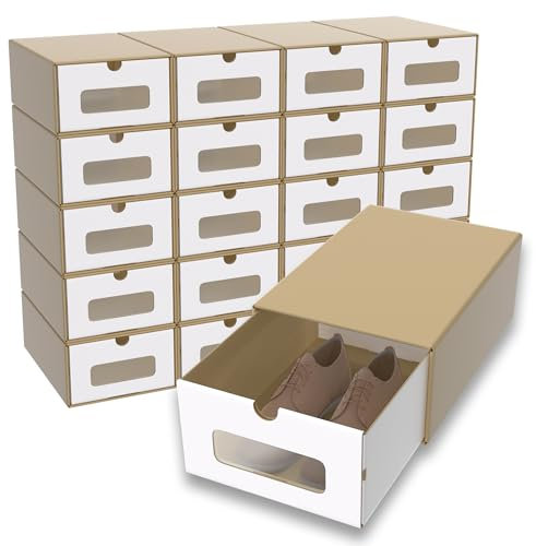 Suusolny Schuhbox mit Sichtfenster & Schublade 20er Boxen-Set Aufbewahrungsbox Braun Schuhkiste Schuhschachtel Schuhkarton aus Kraftpapier Ordnungsboxen Stapelbar aus Pappe - 34.5x23x13.5cm