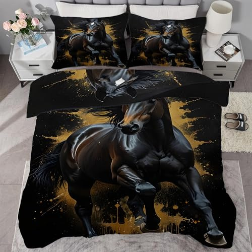 PNHCL Pferde Bettdecke 155x220 - Tiere Druck Bettdecke Ohne Bezug Nutzbar, Schwarz Steppdecke Quilt 4 Jahreszeiten für Teenager Jungen Mädchen Raumdekoration L&198