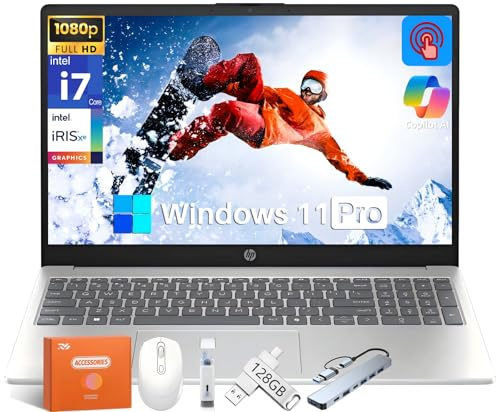 HP 15.6 FHD Touchscreen Laptop for Busines, Intel i7-1355U up to 5 GHz, 64 GB RAM, 1 TB SSD, Copilot AI PC, Intel Iris Xe GPU, Wi-Fi 6, Long Battery Life, Windows 11 Pro, w/Accessories