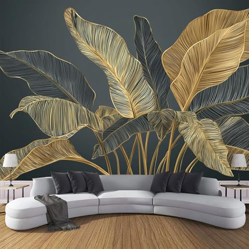Fototapete 3D Wandbild mit Gold Bananenblatt Muster, 250x175cm (B×H) Moderne Schlafzimmer Wanddeko für Junge Mädchen, Wohnzimmer Büro Flur Moderner Luxus Fototapete, Ash Gold