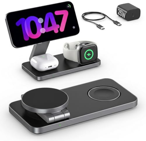 3 in 1 Ladestation mit Qi2.2 25W, Ladestation Apple Watch und iPhone Kompatibel mit Magsafe Ladestation Wireless Charger Für iPhone 17/16/15/14/13/12, AirPods, Apple Watch, mit 35W Adapter