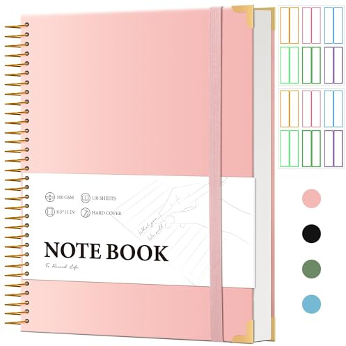 CAGIE Collegeblock A4 Liniert 220 Seiten Spiralgebundene mit Tab Aufklebern | Große, Hardcover, Notizblock Ringbuch, Notizbuch für Arbeit Schule, 21.5 X 27.9 cm, Rosa