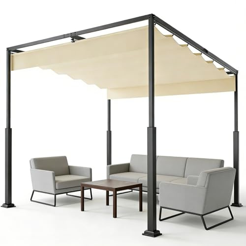 Ferzone Métallique Pergola Rétractable 3x4m, Tonnelle de Jardin Coulissante avec Toile Polyester Anti-UV, Tente Extérieure de Réception Mariage Baptême Camping, Beige