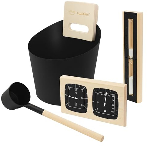 LuxeBath Saunazubehör-Set aus Aluminium & Naturholz, Schwarz, Sauna Set 4-teilig, Aufgusskübel mit Griff & Schöpfkelle, Thermometer-Hygrometer & 15min Sanduhr, Saunaeimer 6L, Langlebiges Sauna Zubehör