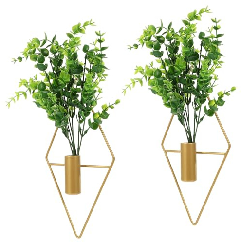 Homoyoyo Lot de 2 Supports Muraux en Fer Doré à Forme Géométrique avec Plantes Artificielles D'eucalyptus, Pot de Fleurs Suspendu Décoratif pour Jardin Intérieur et Extérieur, Support