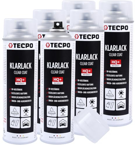 TECPO Acryllack Klarlack, 6x 500ml Sprühlack Spraydose Transparent zur dauerhaften Versieglung Schützen Fixieren für Hochglanz Deckschicht geeignet für Holz, Metall, Aluminium, Glas, Kunststoffe
