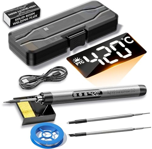 Cordless Soldering Iron Kit, USB Rechargeable LCD Digital 260-420°C, 2 Tips Portable Wireless Soldering Pen for Electronics Repair, DIY and Jewellery