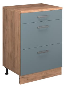 Vicco Erweiterungskommode Rion, Blau-Grau/Goldkraft Eiche, 60 x 46 cm ohne Schräge mit 3 Schubladen, kombinierbar mit Rion Dachschrägenschränken und Schrankmodulen
