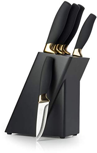 5pc Kitchen Knife Set & Block - Brooklyn Range by Taylors Eye Witness. Brass Coloured Bolsters, Finely Ground Razor Sharp Stainless Steel Blades. Soft Grip Handles All Set in A Black Wood Holder.