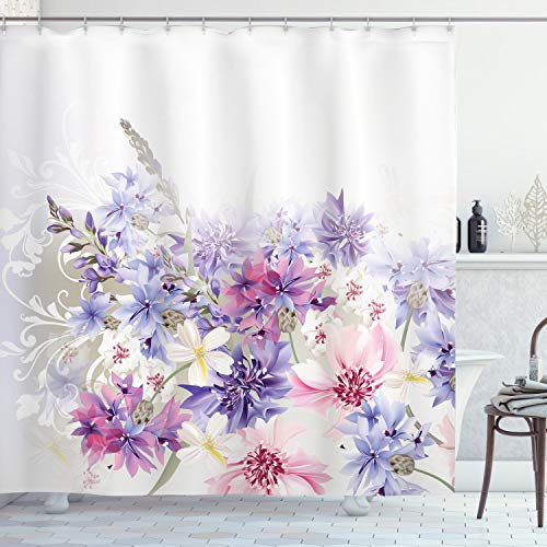 ABAKUHAUS Lavanda Tenda da Doccia, Viola Fiori rosa, Tessuto Set di Decorazioni per il Bagno con Ganci, per la vasca da bagno, 175 x 200 cm, Viola