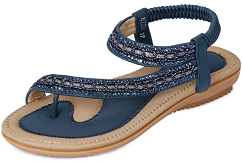 Amissz Sandali Donna Sandalo Estive Eleganti Scarpe Bassi Eleganti Strass Decorato Comodi Piatto Infradito da Mare Stile 1 Blu 38 EU