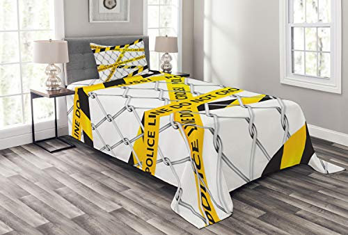 ABAKUHAUS Polizei Tagesdecke Set, Tatort-Bands, Set mit Kissenbezügen Sommerdecke, für Einzelbetten 170 x 220 cm, Gelb und Schwarz