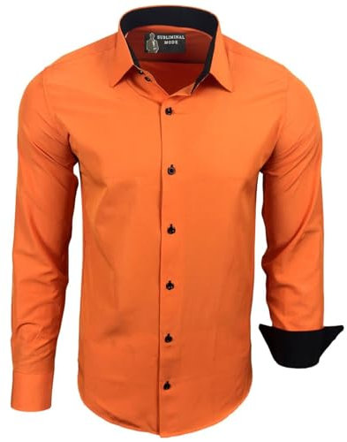 Subliminal Mode - Repassage Facile Chemise Homme Col Bicolore Uni Manches Longues Coupe Slim Business Idée Cadeau, Noël, Saint Valentin RN44,L,Orange
