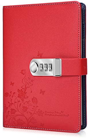ARRLSDB PU Leather Journal with Lock, A5 Size Diary with Combination Lock Password Notebook Locking Personal Diary (Red)