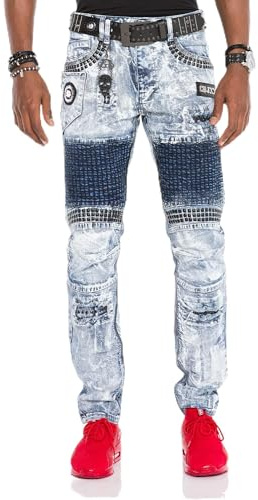 Cipo & Baxx Herren CD529 Jeans Hose Straight Fit Waschung CD529 Blau Ziernähte Biker Hose Denim Design Blau
