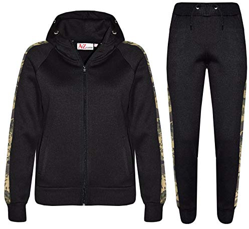A2Z 4 Kids Girls Boys Tracksuit Plain Zipped Hooded Sweatshirt Top Bottoms Gym Jogging - T.S 102 Black & Camo Green 13