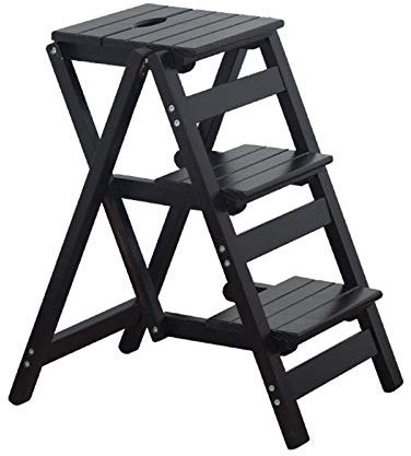 Wooden Folding 3 Tread Ladders Natural Wood Steps Stools for Kitchen or Study, Household Portable Climb Stepladder, Black