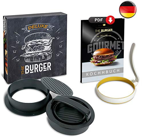 BURGERPRESSE Burger Pattie Presse eine Hamburgerpresse mit Patty Presse Bürger Presse Mini Burger SPIEGELEIFORM EIN Burger Set für Patty Maker mit Spiegeleiform und KOCHBUCH Gourmet in DEUTSCH