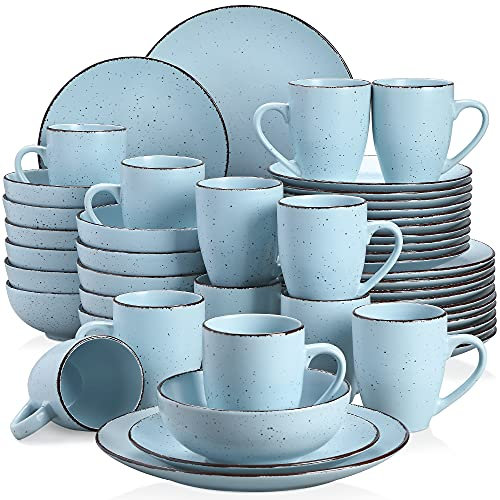 Tafelservice Steingut, vancasso MODA Geschirrset, Vintage Aussehen, 48-teiliges Kombiservice mit je 12 Speisetellern, Kuchentellern, Schalen und Tassen Blau