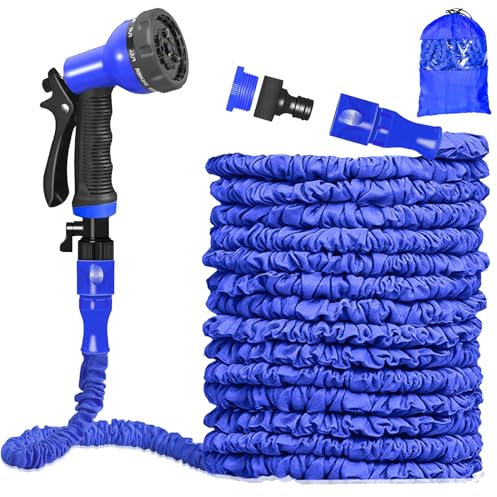 100FT Expandable Garden Hose Pipe,Expanding Hose Pipe with 8 Function Spray Gun,3 Times Magic Hose Pipe with 3/4, 1/2 Fittings,Anti-Leakage Lightweight Easy Storage(100FT, Blue)