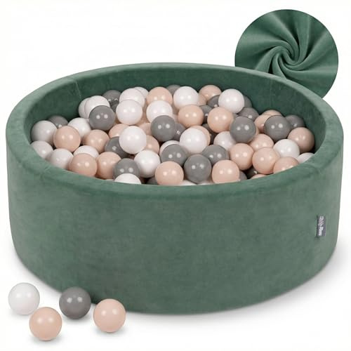 KiddyMoon Velours Bällebad Rund für Babys 90x30 mit 300 Bälle 7cm Ballgruben Sensorik Spielzeug Waldgrün - Pastellbeige Grau Weiß